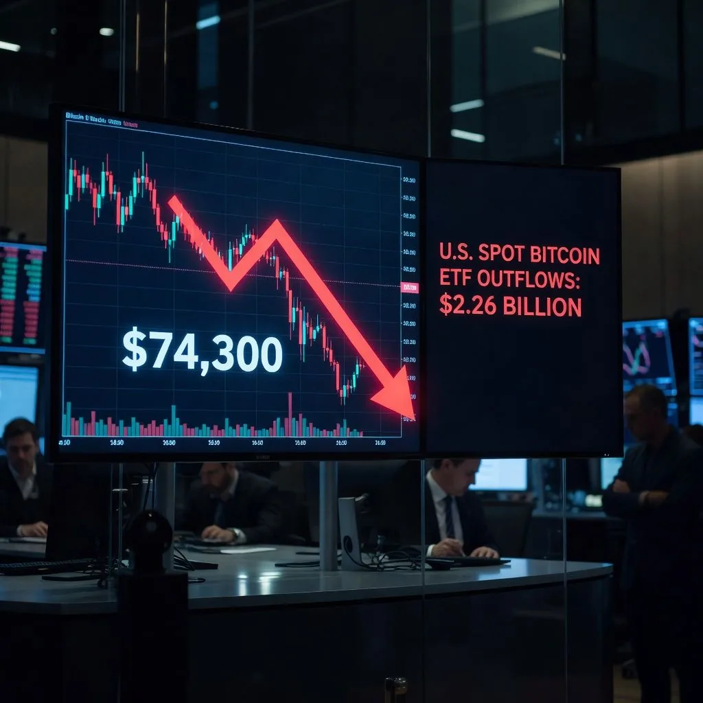 Bitcoin Drops to $74,300 as Spot ETFs Lose $2.26 Billion in Two Weeks